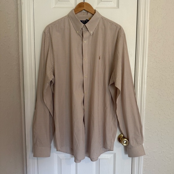 Lauren Ralph Lauren Tan Gingham Poplin Casual Button Down Dress Shirt XL Preppy - Picture 1 of 8